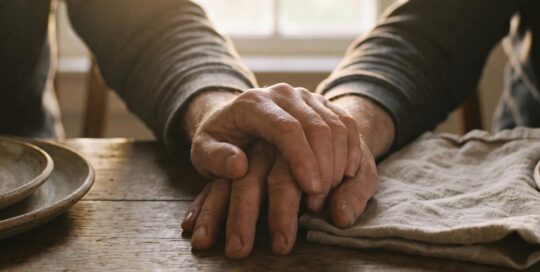 Two people holding hands at a table